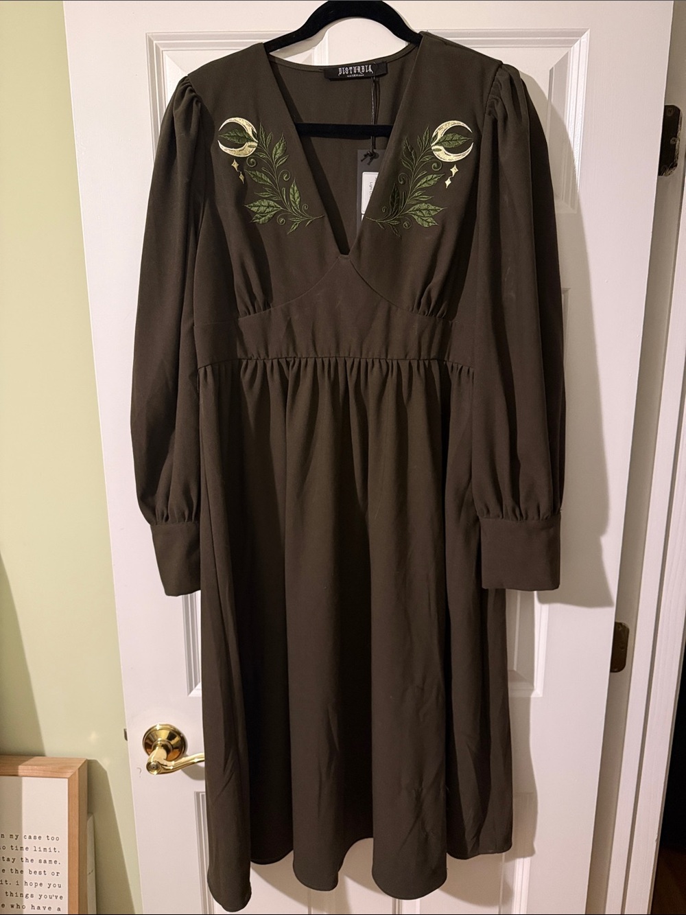 Disturbia Olive Green Embroidered V-Neck Long Sleeve Midi Dress